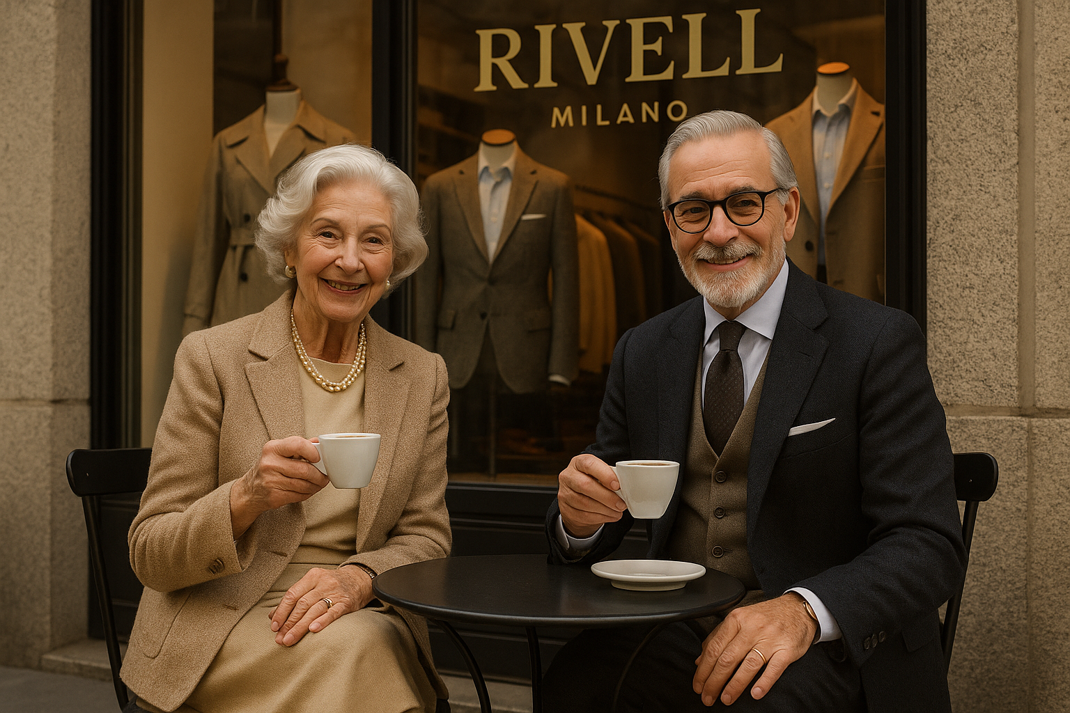 Starsza elegancka kobieta i mężczyzna włosi prowadzące sklep odzieżowy w Mediolanie, siedzą uśmiechnięci przed sklepem i piją kawę i patrzą sie w obiektyw. W tle witryna sklepu i szyld "Rivell Milano".