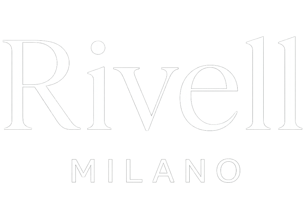Zrób logo (biały tekst na przeźroczystym tle): "Rivell Milano"